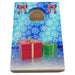 Cardboard cornhole bag with blue snowflake pattern, red bows, and gift boxes on a white background