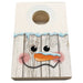 Wooden cornhole board with a snowman design on a white background