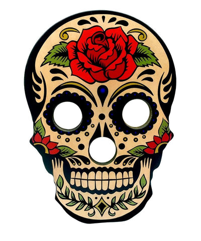 Decorative skull design with a red rose on a beige background