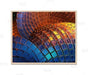 Colorful mosaic staircase with blue and brown tiles in a wooden frame.